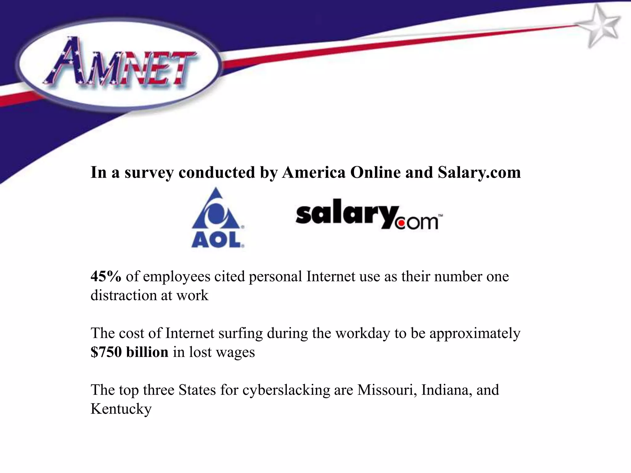 In a survey conducted by America Online and Salary.com




45% of employees cited personal Internet use as their number one
distraction at work

The cost of Internet surfing during the workday to be approximately
$750 billion in lost wages

The top three States for cyberslacking are Missouri, Indiana, and
Kentucky
 