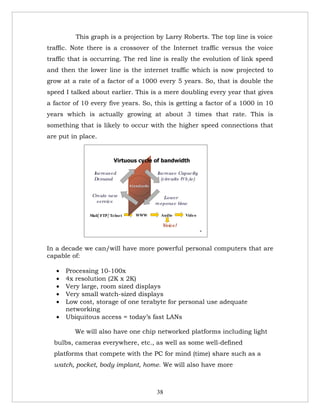 This graph is a projection by Larry Roberts. The top line is voice
traffic. Note there is a crossover of the Internet traffic versus the voice
traffic that is occurring. The red line is really the evolution of link speed
and then the lower line is the internet traffic which is now projected to
grow at a rate of a factor of a 1000 every 5 years. So, that is double the
speed I talked about earlier. This is a mere doubling every year that gives
a factor of 10 every five years. So, this is getting a factor of a 1000 in 10
years which is actually growing at about 3 times that rate. This is
something that is likely to occur with the higher speed connections that
are put in place.


                            Virtuous cycle of bandwidth

                Increased                         Increase Capacity
                Demand                              (circuits & b/
                                                                 w)
                                     S tandards

               Create new                            Lower
                 service                          response time

              Mail/ FTP / Te lne t      WWW         Audio     Vide o

                                                    Voice!
                                                    Voice!
                                                                       36




In a decade we can/will have more powerful personal computers that are
capable of:

   •   Processing 10-100x
   •   4x resolution (2K x 2K)
   •   Very large, room sized displays
   •   Very small watch-sized displays
   •   Low cost, storage of one terabyte for personal use adequate
       networking
   •   Ubiquitous access = today’s fast LANs

          We will also have one chip networked platforms including light
  bulbs, cameras everywhere, etc., as well as some well-defined
  platforms that compete with the PC for mind (time) share such as a
  watch, pocket, body implant, home. We will also have more



                                                  38
 