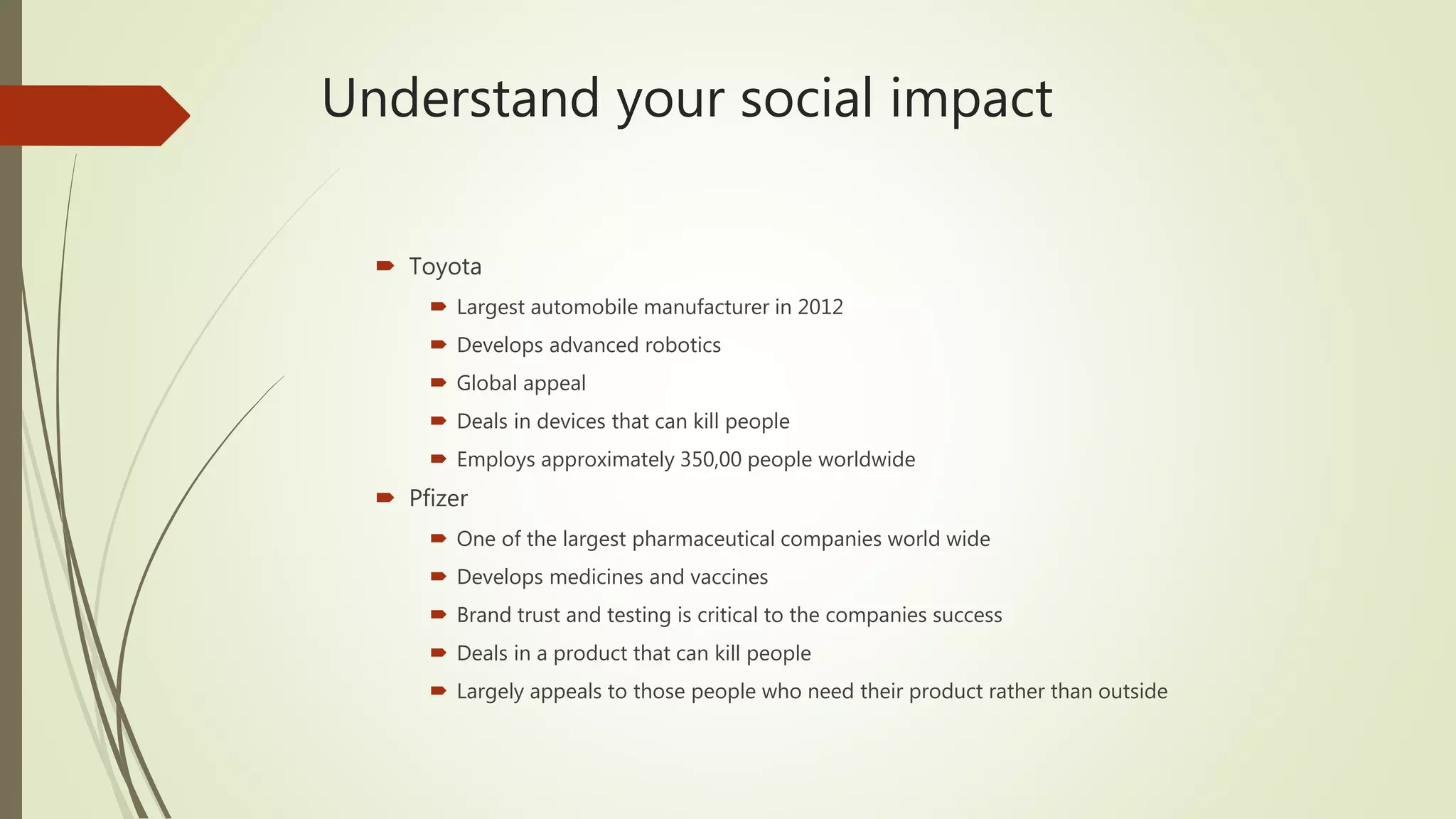 Understand your social impact
 Toyota
 Largest automobile manufacturer in 2012
 Develops advanced robotics
 Global appeal
 Deals in devices that can kill people
 Employs approximately 350,00 people worldwide
 Pfizer
 One of the largest pharmaceutical companies world wide
 Develops medicines and vaccines
 Brand trust and testing is critical to the companies success
 Deals in a product that can kill people
 Largely appeals to those people who need their product rather than outside
 