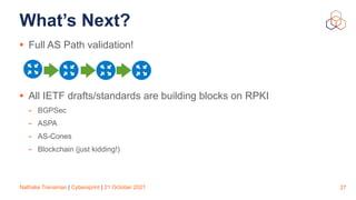 Nathalie Trenaman | Cybersprint | 21 October 2021
What’s Next?
• Full AS Path validation!




• All IETF drafts/standards are building blocks on RPKI


- BGPSec


- ASPA


- AS-Cones


- Blockchain (just kidding!)
27
 