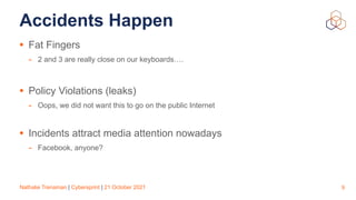 Nathalie Trenaman | Cybersprint | 21 October 2021
Accidents Happen
• Fat Fingers


- 2 and 3 are really close on our keyboards….


• Policy Violations (leaks)


- Oops, we did not want this to go on the public Internet


• Incidents attract media attention nowadays


- Facebook, anyone?
9
 