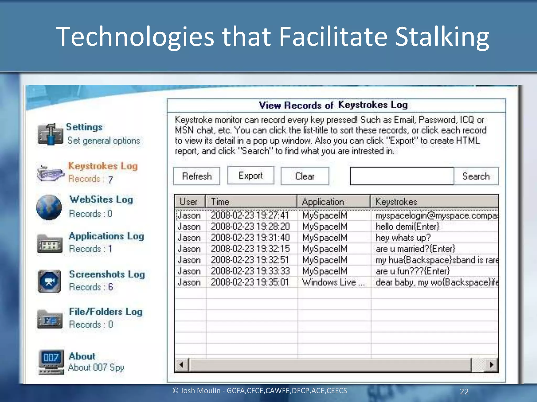 Technologies that Facilitate Stalking
© Josh Moulin - GCFA,CFCE,CAWFE,DFCP,ACE,CEECS 22
 