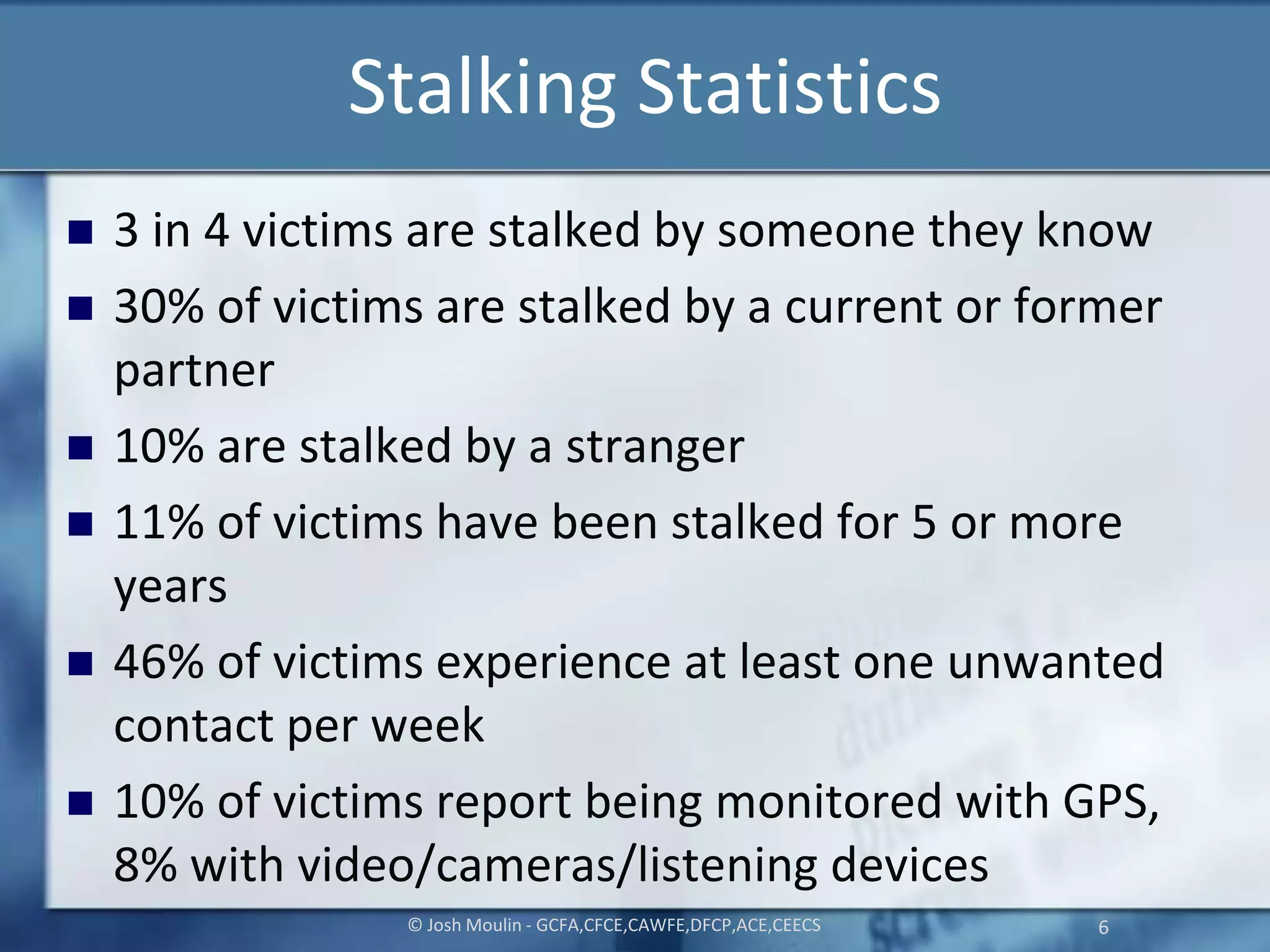 Stalking Statistics
 3 in 4 victims are stalked by someone they know
 30% of victims are stalked by a current or former
partner
 10% are stalked by a stranger
 11% of victims have been stalked for 5 or more
years
 46% of victims experience at least one unwanted
contact per week
 10% of victims report being monitored with GPS,
8% with video/cameras/listening devices
© Josh Moulin - GCFA,CFCE,CAWFE,DFCP,ACE,CEECS 6
 