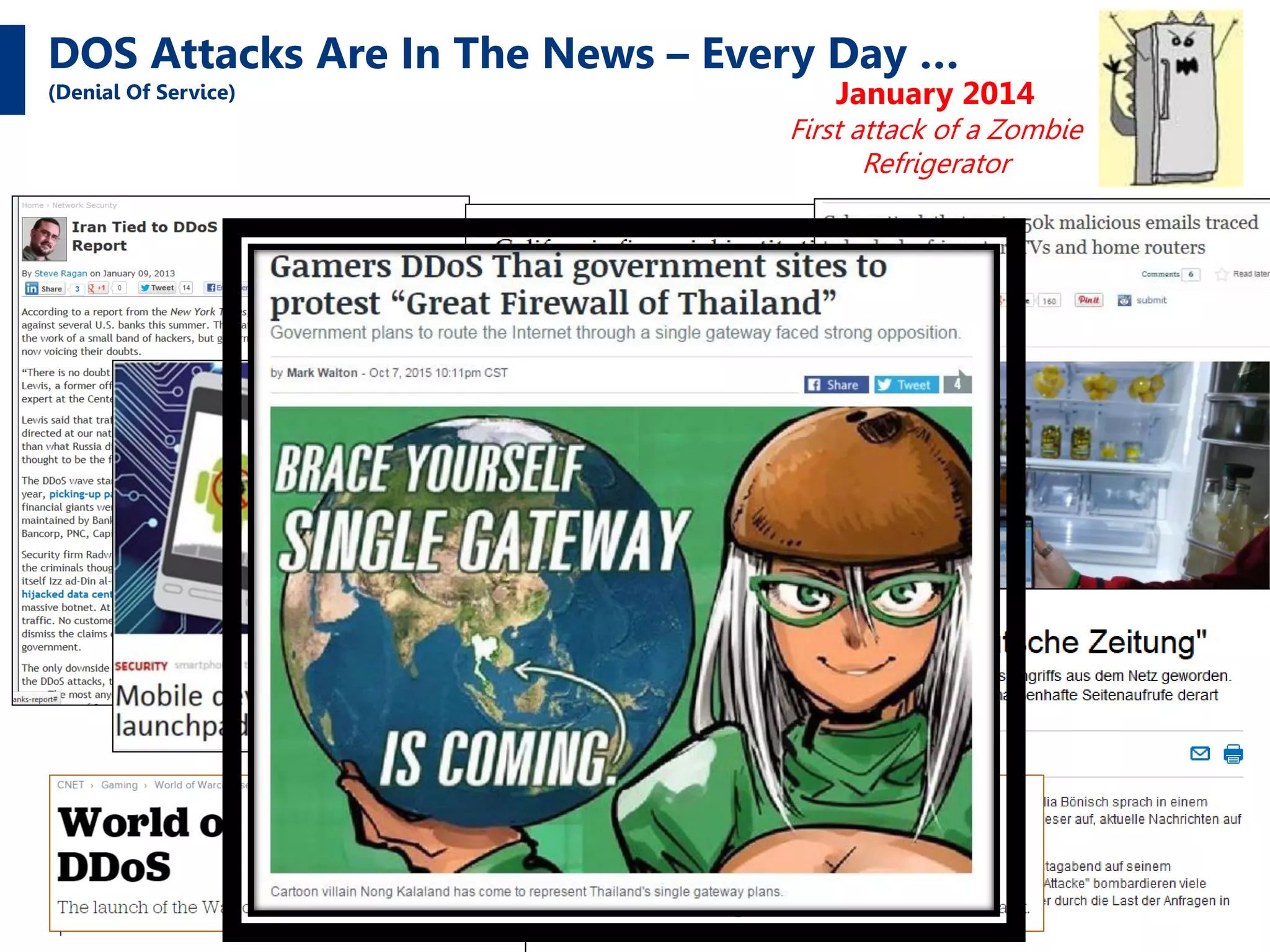 DOS Attacks Are In The News – Every Day …
(Denial Of Service) January 2014
First attack of a Zombie
Refrigerator
 