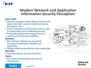 Modern Network and Application
Information Security Perception
User need
 Network managers require ability to prevent and
detect information security incidents (malware,
DoS attacks, etc.)
 Current solutions provide limited functions, able
to usually detect but not effectively prevent.
 Complexity quickly and changing nature of
network environment are problems

Solution
 More efficient methods are required for
successful monitoring of networks and
applications
 Different statistical approaches were researched

Benefits
 Improved network security monitoring

Users
 Any network administrator with security
requirements
www.vtt.fi

 