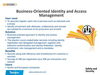 Business-Oriented Identity and Access
Management

User need

 To securely register users into e-services such as extranets and
e-shops
 Identity enrichment with attributes, entitlements and mandates
are needed for e-services to be productive and smooth

Solution
 Business-oriented approach to identity and access
management
 The solution covers stakeholder services including identity
registration and delegated management, together with
extensive authentication and identity federation, identity
enrichment, role management and e-mandates

Benefits
 Security along with efficiency and smoothness for customer eservices
 Savings of 40€ per registration plus 20€ per transaction and
session

Users
 Nordic and European companies
www.ubisecure.com

 