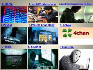 1. Flame 2. July 2009 cyber attacks 3.Candidate Government Hacking
4.PayPal 5.Project Chanology 6. 4Chan
7. India 8. Stuxnet 9.Opi Israel
 
