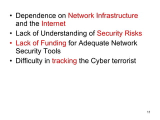 Dependence on  Network Infrastructure  and the  Internet Lack of Understanding of  Security Risks Lack of Funding  for Adequate Network Security Tools Difficulty in  tracking  the Cyber terrorist 