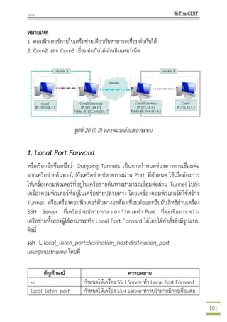 101
หมายเหตุ
1. คอมพิวเตอร์ภายในเครือข่ายเดียวกันสามารถเชื่อมต่อกันได้
2. Com2 และ Com3 เชื่อมต่อกันได้ผ่านอินเทอร์เน็ต
รูปที่ 20 (9-2) สภาพแวดล้อมของระบบ
1. Local Port Forward
หรือเรียกอีกชื่อหนึ่งว่า Outgoing Tunnels เป็นการกาหนดช่องทางการเชื่อมต่อ
จากเครือข่ายต้นทางไปยังเครือข่ายปลายทางผ่าน Port ที่กาหนด ใช้เมื่อต้องการ
ให้เครื่องคอมพิวเตอร์ที่อยู่ในเครือข่ายต้นทางสามารถเชื่อมต่อผ่าน Tunnel ไปยัง
เครื่องคอมพิวเตอร์ที่อยู่ในเครือข่ายปลายทาง โดยเครื่องคอมพิวเตอร์ที่ใช้สร้าง
Tunnel หรือเครื่องคอมพิวเตอร์ต้นทางจะต้องเชื่อมต่อและยืนยันสิทธิผ่านเครื่อง
SSH Server ที่เครือข่ายปลายทาง และกาหนดค่า Port ที่จะเชื่อมระหว่าง
เครือข่ายทั้งสองผู้ใช้สามารถทา Local Port Forward ได้โดยใช้คาสั่งซึ่งมีรูปแบบ
ดังนี้
ssh -L local_listen_port:destination_host:destination_port
user@hostname โดยที่
สัญลักษณ์ ความหมาย
-L กาหนดให้เครื่อง SSH Server ทา Local Port Forward
local_listen_port กาหนดให้เครื่อง SSH Server ทราบว่าหากมีการเชื่อมต่อ
 