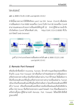 103
ใช้คาสั่งได้ดังนี้
ssh -L 8080:172.24.1.5:80 user1@164.115.4.3
คาสั่งนี้หมายความว่าให้ใช้สิทธิของ user1 บน SSH Server (Com3) เพื่อส่งต่อ
การเชื่อมต่อจาก Port 8080 ของเครื่อง Com2 ไปยัง Port 80 ของเครื่อง Com4
สามารถแสดงแบบจาลองการเชื่อมต่อได้ดังรูปที่ 22 (9-4) ผู้ใช้สามารถเข้าถึง
เว็บไซต์ของ Com4 ได้โดยพิมพ์ URL: http://164.115.4.3:8080 ที่เว็บ
เบราว์เซอร์ (web browser)
รูปที่ 22 (9-4) แบบจาลองการเชื่อมต่อจากคาสั่ง ssh -L 8080:172.25.1.5:80
user1@164.115.4.3
2. Remote Port Forward
หรือเรียกอีกชื่อหนึ่งว่า Incoming Tunnels มีการทางานและวัตถุประสงค์ที่ตรง
ข้ามกับ Local Port Forward กล่าวคือเป็นการกาหนดช่องทางการเชื่อมต่อจาก
เครือข่ายปลายทางกลับมายังเครือข่ายต้นทางผ่าน Port ที่กาหนด ใช้เมื่อต้องการ
ให้เครื่องคอมพิวเตอร์ที่อยู่ในเครือข่ายปลายทางสามารถเชื่อมต่อผ่าน Tunnel
กลับมายังเครื่องคอมพิวเตอร์ที่อยู่ในเครือข่ายต้นทาง โดยเครื่องคอมพิวเตอร์ที่ใช้
สร้าง Tunnel หรือเครื่องคอมพิวเตอร์ต้นทางจะต้องเชื่อมต่อและยืนยันสิทธิผ่าน
เครื่อง SSH Server ที่เครือข่ายปลายทาง และกาหนดค่า Port ที่จะเชื่อมระหว่าง
เครือข่ายทั้งสอง ผู้ใช้สามารถทา Remote Port Forward ได้โดยใช้คาสั่งซึ่งมี
รูปแบบดังนี้
 