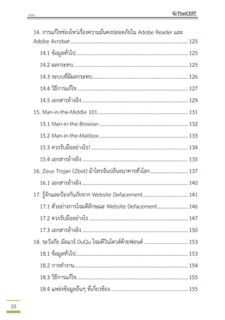 10
14. การแก้ไขช่องโหว่เรื่องความมั่นคงปลอดภัยใน Adobe Reader และ
Adobe Acrobat...........................................................................................125
14.1 ข้อมูลทั่วไป.......................................................................................125
14.2 ผลกระทบ.........................................................................................125
14.3 ระบบที่มีผลกระทบ..........................................................................126
14.4 วิธีการแก้ไข......................................................................................127
14.5 เอกสารอ้างอิง..................................................................................129
15. Man-in-the-Middle 101......................................................................131
15.1 Man-in-the-Browser.....................................................................132
15.2 Man-in-the-Mailbox.....................................................................133
15.3 ควรรับมืออย่างไร?...........................................................................134
15.4 เอกสารอ้างอิง..................................................................................135
16. Zeus Trojan (Zbot) ม้าโทรจันปล้นธนาคารทั่วโลก.............................137
16.1 เอกสารอ้างอิง..................................................................................140
17. รู้จักและป้องกันภัยจาก Website Defacement...................................141
17.1 ตัวอย่างการโจมตีลักษณะ Website Defacement........................146
17.2 ควรรับมืออย่างไร.............................................................................147
17.3 เอกสารอ้างอิง..................................................................................150
18. ระวังภัย มัลแวร์ DuQu โจมตีวินโดวส์ด้วยฟอนต์..................................153
18.1 ข้อมูลทั่วไป.......................................................................................153
18.2 การทางาน........................................................................................154
18.3 วิธีการแก้ไข......................................................................................155
18.4 แหล่งข้อมูลอื่นๆ ที่เกี่ยวข้อง............................................................155
 