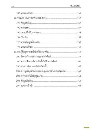 11
18.5 เอกสารอ้างอิง..................................................................................155
19. ช่องโหว่ BIND9 (CVE-2011-4313)........................................................157
19.1 ข้อมูลทั่วไป.......................................................................................157
19.2 ผลกระทบ.........................................................................................157
19.3 ระบบที่ได้รับผลกระทบ....................................................................158
19.4 วิธีแก้ไข.............................................................................................158
19.5 แหล่งข้อมูลที่เกี่ยวข้อง.....................................................................158
19.6 เอกสารอ้างอิง..................................................................................158
20. การกู้ข้อมูลจากฮาร์ดดิสก์ที่ถูกน้าท่วม....................................................159
20.1 โครงสร้างการทางานของฮาร์ดดิสก์.................................................159
20.2 ความเสียหายที่อาจเกิดขึ้นได้กับฮาร์ดดิสก์......................................161
20.3 ทาอย่างไรหากฮาร์ดดิสก์จมน้า........................................................162
20.4 การกู้ข้อมูลจากฮาร์ดดิสก์ที่ถูกลบหรือเขียนข้อมูลทับ.....................163
20.5 การป้องกันข้อมูลสูญหาย.................................................................164
20.6 ข้อมูลเพิ่มเติม...................................................................................164
20.7 เอกสารอ้างอิง..................................................................................165
 