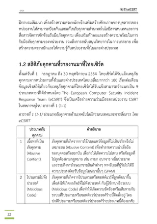 22
ฝึกอบรมสัมมนา เพื่อสร้างความตระหนักหรือเสริมสร้างศักยภาพของบุคลากรของ
หน่วยงานให้สามารถป้องกันและแก้ไขภัยคุกคามด้านเทคโนโลยีสารสนเทศและการ
สื่อสารจัดการซักซ้อมรับมือภัยคุกคาม เพื่อเสริมทักษะและสร้างความพร้อมในการ
รับมือภัยคุกคามของหน่วยงาน รวมถึงการสนับสนุนวิทยากรในการบรรยาย เพื่อ
สร้างความตระหนักและให้ความรู้กับหน่วยงานทั้งในและต่างประเทศ
1.2 สถิติภัยคุกคามที่รายงานมาที่ไทยเซิร์ต
ตั้งแต่วันที่ 1 กรกฎาคม ถึง 30 พฤศจิกายน 2554 ไทยเซิร์ตได้รับแจ้งเหตุภัย
คุกคามจากหน่วยงานทั้งในและต่างประเทศโดยเฉลี่ยมากกว่า 100 เรื่องต่อเดือน
ข้อมูลเชิงสถิติเกี่ยวกับเหตุภัยคุกคามที่ไทยเซิร์ตได้รับแจ้งสามารถจาแนกเป็น 9
ประเภทตามที่ได้กาหนดโดย The European Computer Security Incident
Response Team (eCSIRT) ซึ่งเป็นเครือข่ายความร่วมมือของหน่วยงาน CSIRT
ในสหภาพยุโรป ตารางที่ 1 (1-1)
ตารางที่ 1 (1-1) ประเภทภัยคุกคามด้านเทคโนโลยีสารสนเทศและการสื่อสาร โดย
eCSIRT
ประเภทภัย
คุกคาม
คาอธิบาย
1 เนื้อหาที่เป็น
ภัยคุกคาม
(Abusive
Content)
ภัยคุกคามที่เกิดจากการใช้/เผยแพร่ข้อมูลที่ไม่เป็นจริงหรือไม่
เหมาะสม (Abusive Content) เพื่อทาลายความน่าเชื่อถือ
ของบุคคลหรือสถาบัน เพื่อก่อให้เกิดความไม่สงบ หรือข้อมูลที่
ไม่ถูกต้องตามกฎหมาย เช่น ลามก อนาจาร หมิ่นประมาท
และรวมถึงการโฆษณาขายสินค้าต่างๆ ทางอีเมลที่ผู้รับไม่ได้มี
ความประสงค์จะรับข้อมูลโฆษณานั้นๆ (SPAM)
2 โปรแกรมไม่พึง
ประสงค์
(Malicious
Code)
ภัยคุกคามที่เกิดจากโปรแกรมหรือซอฟต์แวร์ที่ถูกพัฒนาขึ้น
เพื่อส่งให้เกิดผลลัพธ์ที่ไม่พึงประสงค์ กับผู้ใช้งานหรือระบบ
(Malicious Code) เพื่อทาให้เกิดความขัดข้องหรือเสียหายกับ
ระบบที่โปรแกรมหรือซอฟต์แวร์ประสงค์ร้ายนี้ติดตั้งอยู่ โดย
ปกติโปรแกรมหรือซอฟต์แวร์ประสงค์ร้ายประเภทนี้ต้องอาศัย
 