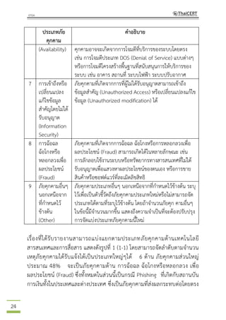 24
ประเภทภัย
คุกคาม
คาอธิบาย
(Availability) คุกคามอาจจะเกิดจากการโจมตีที่บริการของระบบโดยตรง
เช่น การโจมตีประเภท DOS (Denial of Service) แบบต่างๆ
หรือการโจมตีโครงสร้างพื้นฐานที่สนับสนุนการให้บริการของ
ระบบ เช่น อาคาร สถานที่ ระบบไฟฟ้า ระบบปรับอากาศ
7 การเข้าถึงหรือ
เปลี่ยนแปลง
แก้ไขข้อมูล
สาคัญโดยไม่ได้
รับอนุญาต
(Information
Security)
ภัยคุกคามที่เกิดจากการที่ผู้ไม่ได้รับอนุญาตสามารถเข้าถึง
ข้อมูลสาคัญ (Unauthorized Access) หรือเปลี่ยนแปลงแก้ไข
ข้อมูล (Unauthorized modification) ได้
8 การฉ้อฉล
ฉ้อโกงหรือ
หลอกลวงเพื่อ
ผลประโยชน์
(Fraud)
ภัยคุกคามที่เกิดจากการฉ้อฉล ฉ้อโกงหรือการหลอกลวงเพื่อ
ผลประโยชน์ (Fraud) สามารถเกิดได้ในหลายลักษณะ เช่น
การลักลอบใช้งานระบบหรือทรัพยากรทางสารสนเทศที่ไม่ได้
รับอนุญาตเพื่อแสวงหาผลประโยชน์ของตนเอง หรือการขาย
สินค้าหรือซอฟต์แวร์ที่ละเมิดลิขสิทธิ
9 ภัยคุกคามอื่นๆ
นอกเหนือจาก
ที่กาหนดไว้
ข้างต้น
(Other)
ภัยคุกคามประเภทอื่นๆ นอกเหนือจากที่กาหนดไว้ข้างต้น ระบุ
ไว้เพื่อเป็นตัวชี้วัดถึงภัยคุกคามประเภทใหม่หรือไม่สามารถจัด
ประเภทได้ตามที่ระบุไว้ข้างต้น โดยถ้าจานวนภัยคุก คามอื่นๆ
ในข้อนี้มีจานวนมากขึ้น แสดงถึงความจาเป็นที่จะต้องปรับปรุง
การจัดแบ่งประเภทภัยคุกคามนี้ใหม่
เรื่องที่ได้รับรายงานสามารถแบ่งแยกตามประเภทภัยคุกคามด้านเทคโนโลยี
สารสนเทศและการสื่อสาร แสดงดังรูปที่ 1 (1-1) โดยสามารถจัดลาดับตามจานวน
เหตุภัยคุกคามได้รับแจ้งได้เป็นประเภทใหญ่ๆได้ 6 ด้าน ภัยคุกคามส่วนใหญ่
ประมาณ 48% จะเป็นภัยคุกคามด้าน การฉ้อฉล ฉ้อโกงหรือหลอกลวง เพื่อ
ผลประโยชน์ (Fraud) ซึ่งทั้งหมดในส่วนนี้เป็นกรณี Phishing ที่เกิดกับสถานบัน
การเงินทั้งในประเทศและต่างประเทศ ซึ่งเป็นภัยคุกคามที่ส่งผลกระทบต่อโดยตรง
 