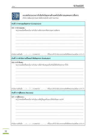 32
ส่วนที่ 2 การควบคุมภัยคุกคามฯ (Containment)
(05) การควบคุมเหตุ :
ระบุรายละเอียดขั้นตอนในการดาเนินการเพื่อบรรเทาหรือควบคุมความเสียหาย
................................................................................................................................................................................................
................................................................................................................................................................................................
................................................................................................................................................................................................
................................................................................................................................................................................................
................................................................................................................................................................................................
................................................................................................................................................................................................
ดาเนินการเสร็จเมื่อ …..../........./.......(วว/ดด/ปป) ….... : …... (ชั่วโมง:นาที) อ้างอิงเวลาสากลเชิงพิกัดของประเทศไทย (UTC+7)
ส่วนที่ 3 การดาเนินการแก้ไขและกาจัดภัยคุกคามฯ (Eradication)
(06) การกาจัดเหตุ :
ระบุรายละเอียดขั้นตอนในการดาเนินการเพื่อกาจัดเหตุและป้องกันไม่ให้เกิดภัยคุกคามฯ ซ้าอีก
................................................................................................................................................................................................
................................................................................................................................................................................................
................................................................................................................................................................................................
................................................................................................................................................................................................
................................................................................................................................................................................................
................................................................................................................................................................................................
ดาเนินการเสร็จเมื่อ …..../........./.......(วว/ดด/ปป) ….... : …... (ชั่วโมง:นาที) อ้างอิงเวลาสากลเชิงพิกัดของประเทศไทย (UTC+7)
ส่วนที่ 4 การกู้คืนระบบ (Recovery)
(07) การกู้คืนระบบ :
ระบุรายละเอียดขั้นตอนในการดาเนินการเพื่อกู้ข้อมูลหรือระบบให้กลับคืนสภาวะปกติ
................................................................................................................................................................................................
................................................................................................................................................................................................
................................................................................................................................................................................................
................................................................................................................................................................................................
................................................................................................................................................................................................
................................................................................................................................................................................................
ดาเนินการเสร็จเมื่อ …..../........./.......(วว/ดด/ปป) ….... : …... (ชั่วโมง:นาที) อ้างอิงเวลาสากลเชิงพิกัดของประเทศไทย (UTC+7)
แบบฟอร์มรายงานการรับมือภัยภัยคุกคามด้านเทคโนโลยีสารสนเทศและการสื่อสาร
สานักงานพัฒนาธุรกรรมทางอิเล็กทรอนิกส์ (องค์การมหาชน)
 