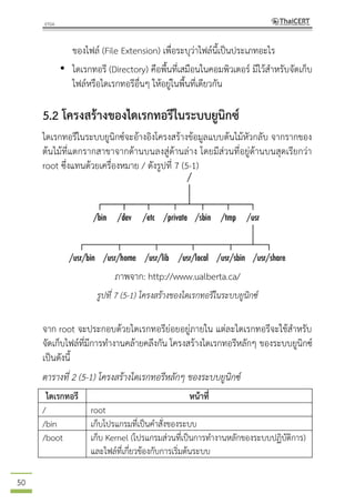 50
ของไฟล์ (File Extension) เพื่อระบุว่าไฟล์นี้เป็นประเภทอะไร
• ไดเรกทอรี (Directory) คือพื้นที่เสมือนในคอมพิวเตอร์ มีไว้สาหรับจัดเก็บ
ไฟล์หรือไดเรกทอรีอื่นๆ ให้อยู่ในพื้นที่เดียวกัน
5.2 โครงสร้างของไดเรกทอรีในระบบยูนิกซ์
ไดเรกทอรีในระบบยูนิกซ์จะอ้างอิงโครงสร้างข้อมูลแบบต้นไม้หัวกลับ จากรากของ
ต้นไม้ที่แตกรากสาขาจากด้านบนลงสู่ด้านล่าง โดยมีส่วนที่อยู่ด้านบนสุดเรียกว่า
root ซึ่งแทนด้วยเครื่องหมาย / ดังรูปที่ 7 (5-1)
ภาพจาก: http://www.ualberta.ca/
รูปที่ 7 (5-1) โครงสร้างของไดเรกทอรีในระบบยูนิกซ์
จาก root จะประกอบด้วยไดเรกทอรีย่อยอยู่ภายใน แต่ละไดเรกทอรีจะใช้สาหรับ
จัดเก็บไฟล์ที่มีการทางานคล้ายคลึงกัน โครงสร้างไดเรกทอรีหลักๆ ของระบบยูนิกซ์
เป็นดังนี้
ตารางที่ 2 (5-1) โครงสร้างไดเรกทอรีหลักๆ ของระบบยูนิกซ์
ไดเรกทอรี หน้าที่
/ root
/bin เก็บโปรแกรมที่เป็นคาสั่งของระบบ
/boot เก็บ Kernel (โปรแกรมส่วนที่เป็นการทางานหลักของระบบปฏิบัติการ)
และไฟล์ที่เกี่ยวข้องกับการเริ่มต้นระบบ
 