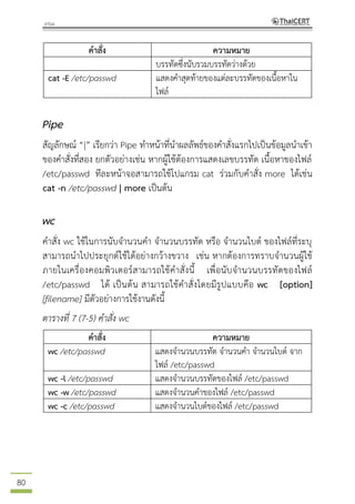 80
คาสั่ง ความหมาย
บรรทัดซึ่งนับรวมบรรทัดว่างด้วย
cat -E /etc/passwd แสดงคาสุดท้ายของแต่ละบรรทัดของเนื้อหาใน
ไฟล์
Pipe
สัญลักษณ์ “|” เรียกว่า Pipe ทาหน้าที่นาผลลัพธ์ของคาสั่งแรกไปเป็นข้อมูลนาเข้า
ของคาสั่งที่สอง ยกตัวอย่างเช่น หากผู้ใช้ต้องการแสดงเลขบรรทัด เนื้อหาของไฟล์
/etc/passwd ทีละหน้าจอสามารถใช้โปแกรม cat ร่วมกับคาสั่ง more ได้เช่น
cat -n /etc/passwd | more เป็นต้น
wc
คาสั่ง wc ใช้ในการนับจานวนคา จานวนบรรทัด หรือ จานวนไบต์ ของไฟล์ที่ระบุ
สามารถนาไปประยุกต์ใช้ได้อย่างกว้างขวาง เช่น หากต้องการทราบจานวนผู้ใช้
ภายในเครื่องคอมพิวเตอร์สามารถใช้คาสั่งนี้ เพื่อนับจานวนบรรทัดของไฟล์
/etc/passwd ได้ เป็นต้น สามารถใช้คาสั่งโดยมีรูปแบบคือ wc [option]
[filename] มีตัวอย่างการใช้งานดังนี้
ตารางที่ 7 (7-5) คาสั่ง wc
คาสั่ง ความหมาย
wc /etc/passwd แสดงจานวนบรรทัด จานวนคา จานวนไบต์ จาก
ไฟล์ /etc/passwd
wc -l /etc/passwd แสดงจานวนบรรทัดของไฟล์ /etc/passwd
wc -w /etc/passwd แสดงจานวนคาของไฟล์ /etc/passwd
wc -c /etc/passwd แสดงจานวนไบต์ของไฟล์ /etc/passwd
 