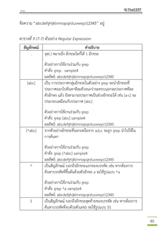 85
ข้อความ “abcdefghijklmnopqrstuvwxyz12345” อยู่
ตารางที่ 9 (7-7) ตัวอย่าง Regular Expression
สัญลักษณ์ คาอธิบาย
. จุด(.) หมายถึง อักขระใดก็ได้ 1 อักขระ
ตัวอย่างการใช้งานร่วมกับ grep
คาสั่ง: grep . sample4
ผลลัพธ์: abcdefghijklmnopqrstuvwxyz12345
[abc] เป็น การประกาศกลุ่มอักขระในตัวอย่าง grep จะนาอักขระที่
ประกาศออกไปค้นหาทีละตัวจนกว่าจะครบนอกจะประกาศทีละ
ตัวอักษร แล้ว ยังสามารถประกาศเป็นช่วงอักขระได้ เช่น [a-c] จะ
ประกอบเหมือนกับประกาศ [abc]
ตัวอย่างการใช้งานร่วมกับ grep
คาสั่ง: grep [abc] sample4
ผลลัพธ์: abcdefghijklmnopqrstuvwxyz12345
[^abc] จากตัวอย่างอักขระที่นอกเหนือจาก a,b,c จะถูก grep นาไปใช้ใน
การค้นหา
ตัวอย่างการใช้งานร่วมกับ grep
คาสั่ง: grep [^abc] sample4
ผลลัพธ์: abcdefghijklmnopqrstuvwxyz12345
^ เป็นสัญลักษณ์ บอกถึงอักขระแรกของบรรทัด เช่น หากต้องการ
ค้นหาบรรทัดที่ขึ้นต้นด้วยตัวอักษร a จะใช้รูปแบบ ^a
ตัวอย่างการใช้งานร่วมกับ grep
คาสั่ง: grep ^a sample4
ผลลัพธ์: abcdefghijklmnopqrstuvwxyz12345
$ เป็นสัญลักษณ์ บอกถึงอักขระสุดท้ายของบรรทัด เช่น หากต้องการ
ค้นหาบรรทัดที่จบด้วยตัวเลข5 จะใช้รูปแบบ 5$
 
