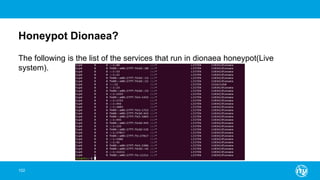 Honeypot Dionaea?
102
The following is the list of the services that run in dionaea honeypot(Live
system).
 
