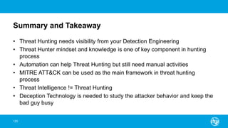 Summary and Takeaway
120
• Threat Hunting needs visibility from your Detection Engineering
• Threat Hunter mindset and knowledge is one of key component in hunting
process
• Automation can help Threat Hunting but still need manual activities
• MITRE ATT&CK can be used as the main framework in threat hunting
process
• Threat Intelligence != Threat Hunting
• Deception Technology is needed to study the attacker behavior and keep the
bad guy busy
 