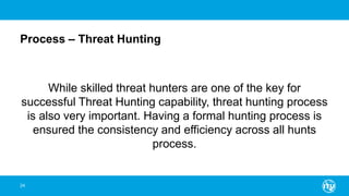 Process – Threat Hunting
While skilled threat hunters are one of the key for
successful Threat Hunting capability, threat hunting process
is also very important. Having a formal hunting process is
ensured the consistency and efficiency across all hunts
process.
24
 