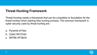 Threat Hunting Framework
35
Threat Hunting needs a framework that can be a baseline or foundation for the
threat hunters when starting they hunting process. The common framework in
cyber security used by threat hunting are :
a. Pyramid of Pain
b. Cyber Kill Chain
c. MITRE ATT&CK
 