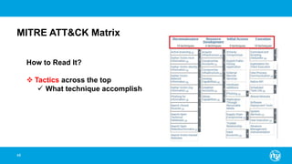 MITRE ATT&CK Matrix
48
How to Read It?
 Tactics across the top
 What technique accomplish
 