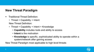 New Threat Paradigm
 Traditional Threat Definition:
• Threat = Capability + Intent
New Threat Definition:
• Threat = Capability + Intent + Knowledge
• Capability includes tools and ability to access
• Intent is the motivation
• Knowledge is specific, sophisticated ability to operate within a
system/network after gaining access
New Threat Paradigm most applicable to high level threats
6
 