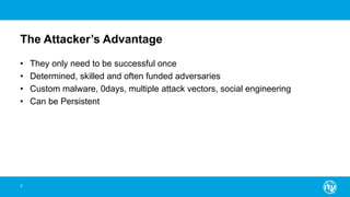 The Attacker’s Advantage
• They only need to be successful once
• Determined, skilled and often funded adversaries
• Custom malware, 0days, multiple attack vectors, social engineering
• Can be Persistent
7
 