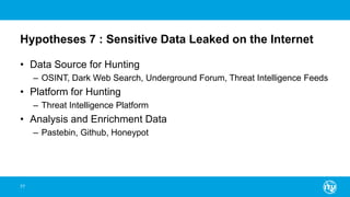 Hypotheses 7 : Sensitive Data Leaked on the Internet
• Data Source for Hunting
– OSINT, Dark Web Search, Underground Forum, Threat Intelligence Feeds
• Platform for Hunting
– Threat Intelligence Platform
• Analysis and Enrichment Data
– Pastebin, Github, Honeypot
77
 