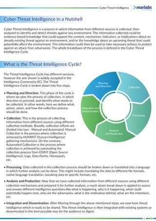 1
Cyber Threat Intelligence in a Nutshell
What is the Threat Intelligence Cycle?
Cyber Threat Intelligence is a process in which information from diﬀerent sources is collected, then
analyzed to identify and detect threats against any environment. The information collected could be
evidence-based knowledge that could support the context, mechanism, indicators, or implications about an
already existing threat against an environment, and/or the knowledge about an upcoming threat that could
potentially aﬀect the environment. This information could then be used to take necessary actions to protect
against an attack from adversaries. The whole breakdown of the process is deﬁned in the Cyber Threat
Intelligence Cycle.
The Threat Intelligence Cycle has diﬀerent versions,
however the one shown is widely accepted in the
Intelligence Community (IC). The Threat
Intelligence Cycle is broken down into ﬁve steps.
Planning
and Direction Collection
Processing
Analysis
and Production
Integration and
Dissemination
• Planning and Direction: This phase of the cycle is
where we plan the process of collection, in which
direction to proceed, and identify what needs to
be collected. In other words, here we deﬁne what,
where, when, and how the collection process
should be done.
• Collection: This is the process of collecting
information from diﬀerent sources using diﬀerent
collection methods. Broadly, collection eﬀorts are
divided into two - Manual and Automated. Manual
Collection is the process where collection is
achieved by HUMINT (Human Intelligence)
gathering mechanisms. On the contrary,
Automated Collection is the process where
collection is achieved by automating the
collection process from OSINT (Open Source
Intelligence), Logs, Data Points, Honeypots,
etc.
• Processing: Data collected in the collection process should be broken down or translated into a language
in which further analysis can be done. This might include translating the data to diﬀerent ﬁle formats,
native language translation, tweaking data to speciﬁc formats, etc.
• Analysis and Production: Now that we have collected information from diﬀerent sources using diﬀerent
collection mechanisms and prepared it for further analysis, a much closer break-down is applied to assess
and answer diﬀerent intelligence questions like what is happening, why is it happening, what could
potentially happen next, who are the adversaries, what is the motivation behind, what are the intentions,
etc.
• Integration and Dissemination: After ﬁltering through the above-mentioned steps, we now have threat
intelligence which is ready to be shared. This threat intelligence is then integrated with existing systems or
disseminated in the best possible way for the audience to digest.
Cyber Threat Intelligence
 