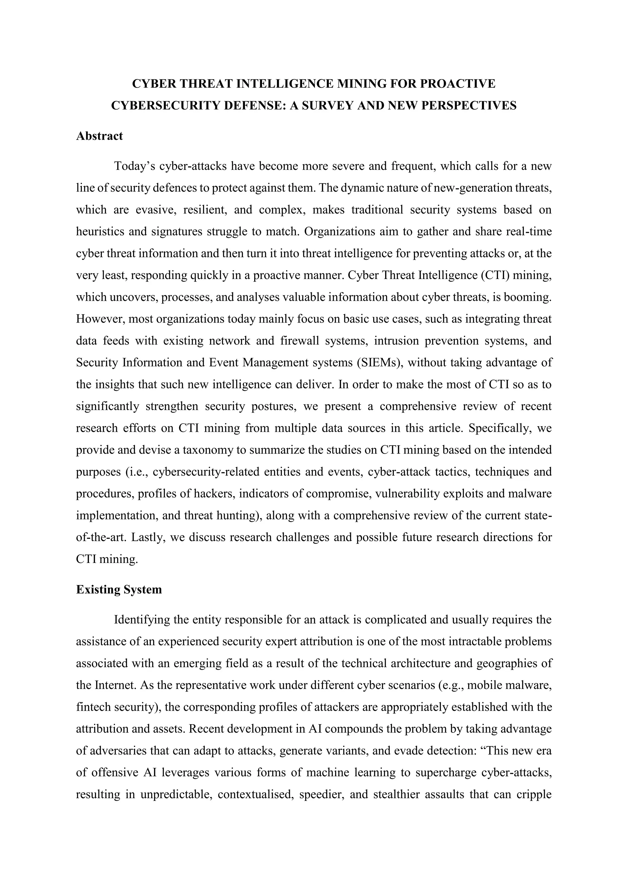 CYBER THREAT INTELLIGENCE MINING FOR PROACTIVE CYBERSECURITY DEFENSE | DOCX
