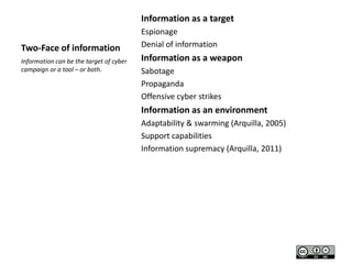 Information as a target
Two-Face of information
Information can be the target of cyber
campaign or a tool – or both.

Espionage
Denial of information

Information as a weapon
Sabotage
Propaganda
Offensive cyber strikes

Information as an environment
Adaptability & swarming (Arquilla, 2005)
Support capabilities
Information supremacy (Arquilla, 2011)

 