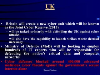 UK
• Britain will create a new cyber unit which will be known
as the Joint Cyber Reserve.(2013)
– will be tasked primarily with defending the UK against cyber
attacks
– will also have the capability to launch strikes where deemed
necessary
• Ministry of Defence (MoD) will be looking to employ
hundreds of IT experts who will be responsible for
defending the nation’s critical data and computer
networks.
• Cyber defences blocked around 400,000 advanced
malicious cyber threats against the government’s secure
internet alone Rajeev Chauhan
 