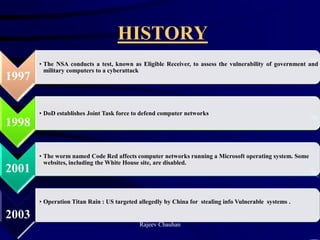HISTORY
1997
• The NSA conducts a test, known as Eligible Receiver, to assess the vulnerability of government and
military computers to a cyberattack
1998
• DoD establishes Joint Task force to defend computer networks
2001
• The worm named Code Red affects computer networks running a Microsoft operating system. Some
websites, including the White House site, are disabled.
2003
• Operation Titan Rain : US targeted allegedly by China for stealing info Vulnerable systems .
Rajeev Chauhan
 
