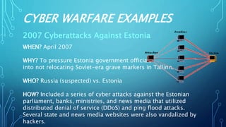 CYBER WARFARE EXAMPLES
2007 Cyberattacks Against Estonia
WHEN? April 2007
WHY? To pressure Estonia government officials
into not relocating Soviet-era grave markers in Tallinn.
WHO? Russia (suspected) vs. Estonia
HOW? Included a series of cyber attacks against the Estonian
parliament, banks, ministries, and news media that utilized
distributed denial of service (DDoS) and ping flood attacks.
Several state and news media websites were also vandalized by
hackers.
 