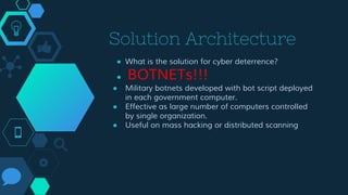 Solution Architecture
● What is the solution for cyber deterrence?
● BOTNETs!!!
● Military botnets developed with bot script deployed
in each government computer.
● Effective as large number of computers controlled
by single organization.
● Useful on mass hacking or distributed scanning
 