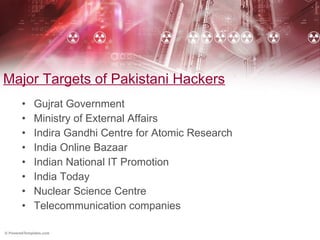 Major Targets of Pakistani Hackers Gujrat Government Ministry of External Affairs India Gandhi Centre for Atomic Research India Online Bazaar Indian National IT Promotion India Today Nuclear Science Centre  Telecommunication companies 