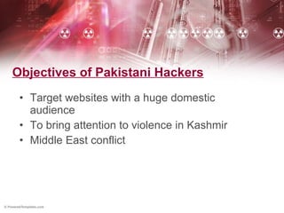 Objectives of Pakistani Hackers Target websites with a huge domestic audience To bring attention to violence in Kashmir Middle East conflict 