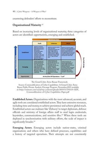 40 | Cyber Weapons - A Weapon of War?
countering defenders’ efforts to reconstitute.
Organisational Maturity 42
Based on increasing levels of organisational maturity, three categories of
actors are identified: opportunistic, emerging and established.
The Grand Cyber Arms Bazaar Framework
Established Actors. Organisations with the most advanced, accurate, and
agile tools are considered established actors.They have extensive resources,
including time and money,to achieve persistence and achieve global reach.
Established actors use malware like ‘Zebocry’to target diplomats, defence
officials and ministry of foreign affairs staff to steal login credentials,
keystrokes, communications, and sensitive files.43
When these tools are
deployed in synchronisation with military efforts, the scale of impact is
significantly broader.44
Emerging Actors. Emerging actors include nation-states, criminal
organisations and others who have defined processes, capabilities and
a history of targeted operations. Their attempts are not consistently
Source: Commodification of Cyber Capabilities: A Grand Cyber Arms
Bazar, Public Private Analytic Excange Program, November,2019 available
at: https://nsiteam.com/social/wp-content/uploads/2019/11/191119-AEP_
Commodification-of-Cyber-Capabilities-Paper.pdf
 