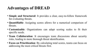 Advantages of DREAD
• Simple and Structured: It provides a clear, easy-to-follow framework
for evaluating threats.
• Quantifiable: Assigning scores allows for a numerical comparison of
threats.
• Customizable: Organizations can adapt scoring scales to fit their
specific needs.
• Team Collaboration: It encourages team discussions about security
risks, leading to more thorough threat identification.
• Focus on Prioritization: By calculating total scores, teams can focus on
addressing the most critical threats first.
 
