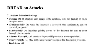 DREAD on Attacks
2. Insecure Password Storage
• Damage (9): If attackers gain access to the database, they can decrypt or crack
user passwords.
• Reproducibility (8): Once the database is accessed, this vulnerability can be
repeatedly exploited.
• Exploitability (7): Requires gaining access to the database but can be done
through other exploits.
• Affected Users (10): All users are impacted if passwords are compromised.
• Discoverability (6): May not be easily discovered until the database is breached.
• Total Score: 40
 