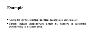 Example
• A hospital identifies patient medical records as a critical asset.
• Threats include unauthorized access by hackers or accidental
exposure due to a system error.
 