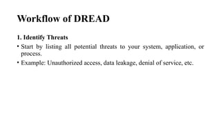 Workflow of DREAD
1. Identify Threats
• Start by listing all potential threats to your system, application, or
process.
• Example: Unauthorized access, data leakage, denial of service, etc.
 