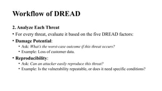 Workflow of DREAD
2. Analyze Each Threat
• For every threat, evaluate it based on the five DREAD factors:
• Damage Potential:
• Ask: What’s the worst-case outcome if this threat occurs?
• Example: Loss of customer data.
• Reproducibility:
• Ask: Can an attacker easily reproduce this threat?
• Example: Is the vulnerability repeatable, or does it need specific conditions?
 