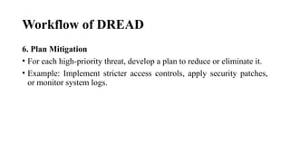 Workflow of DREAD
6. Plan Mitigation
• For each high-priority threat, develop a plan to reduce or eliminate it.
• Example: Implement stricter access controls, apply security patches,
or monitor system logs.
 