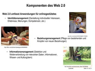 Komponenten des Web 2.0 Web 2.0 umfasst Anwendungen für onlinegestütztes www.flickr.com/photos/44029537@N00/12760664/ Identitätsmanagement  (Darstellung individueller Interessen, Erlebnisse, Meinungen, Kompetenzen, etc.) http://flickr.com/photos/mylesdgrant/495698908/ Beziehungsmanagement  (Pflege von bestehenden und Knüpfen von neuen Beziehungen) http://www.flickr.com/photos/axels_bilder/1267008046/ Informationsmanagement  (Selektion und Weiterverbreitung von relevanten Daten, Informationen, Wissen- und Kulturgütern) 
