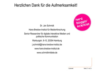 Herzlichen Dank für die Aufmerksamkeit! Dr. Jan Schmidt Hans-Bredow-Institut für Medienforschung Senior Researcher für digitale interaktive Medien und politische Kommunikation Warburgstr. 8-10, 20354 Hamburg [email_address] www.hans-bredow-institut.de www.schmidtmitdete.de 