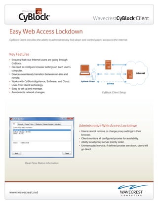 www.wavecrest.net
WavecrestCyBlock®
Client
Easy Web Access Lockdown
CyBlock Client provides the ability to administratively lock down and control users’ access to the Internet.
CyBlock Client Setup
Administrative Web Access Lockdown
•	 Users cannot remove or change proxy settings in their
browser.
•	 Client monitors all configured proxies for availability.
•	 Ability to set proxy server priority order.
•	 Uninterrupted service; if defined proxies are down, users will
go direct.
Real-Time Status Information
Key Features
•	 Ensures that your Internet users are going through
CyBlock.
•	 No need to configure browser settings on each user’s
computer.
•	 Devices seamlessly transition between on-site and
remote.
•	 Works with CyBlock Appliance, Software, and Cloud.
•	 Uses Thin Client technology.
•	 Easy to set up and manage.
•	 Autodetects network changes.
 