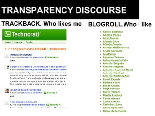 TRACKBACK. Who likes me BLOGROLL.Who I like TRANSPARENCY DISCOURSE 